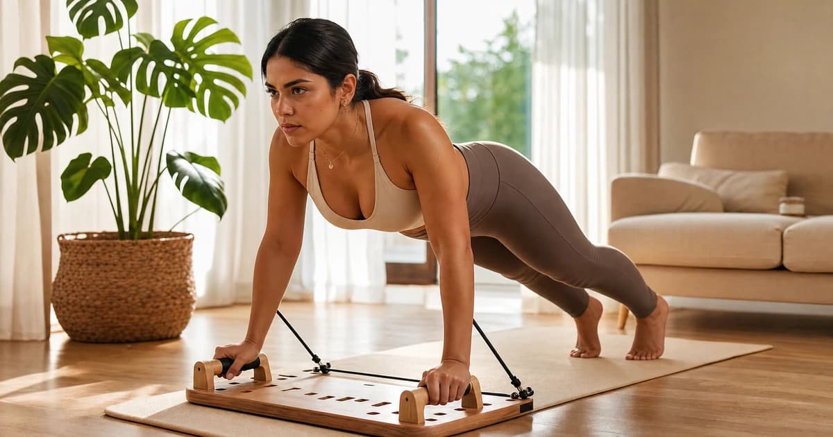 Mujer en ropa deportiva haciendo pilates en casa con tabla push-up sobre tapete en sala con luz natural