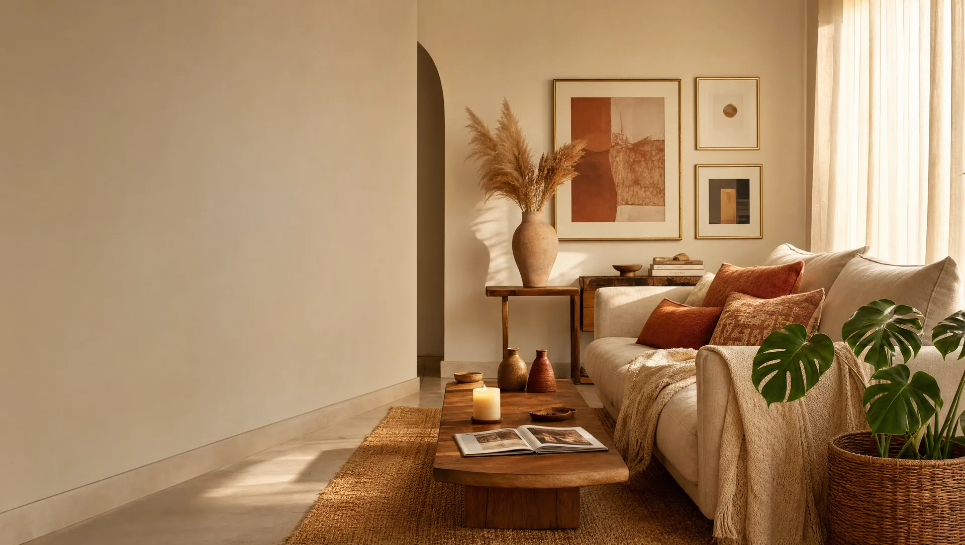 Sala de estar cálida con sofá beige, plantas y luz natural dorada