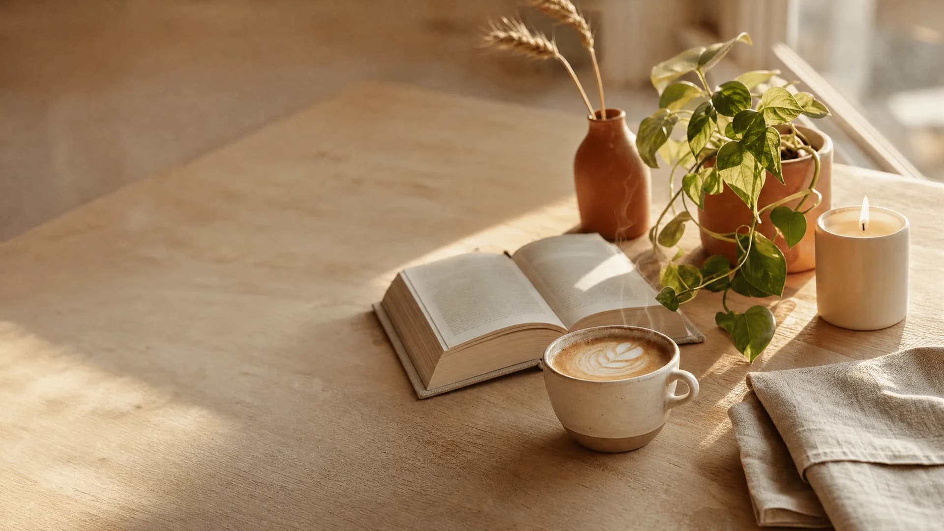 Mesa de madera con libro abierto, café latte, planta y vela — mood acogedor